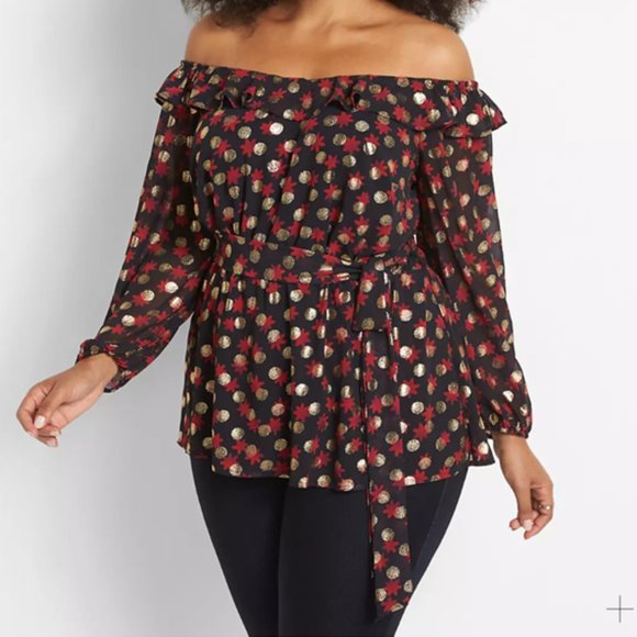 Lane Bryant Tops - LANE BRYANT NWT Womens Size 14/16 Off Shoulder Belted Holiday Top Red Gold Black